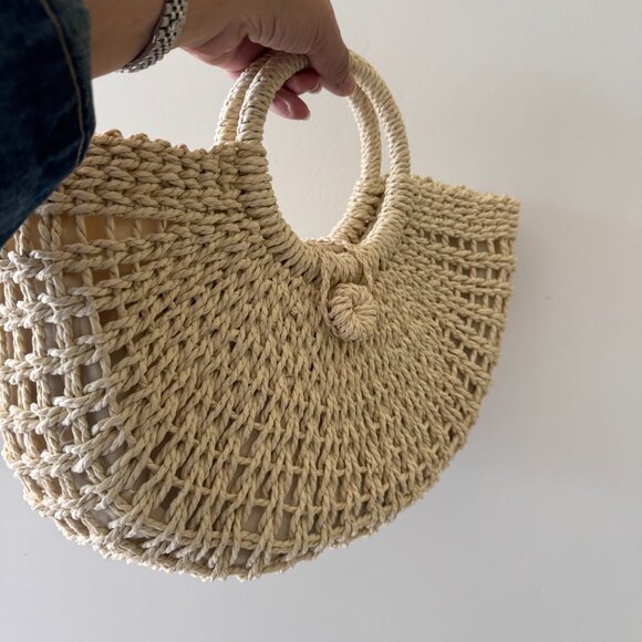 NEW Beige Bamboo Woven Semicircle Tote Handbag - Picture 11 of 12